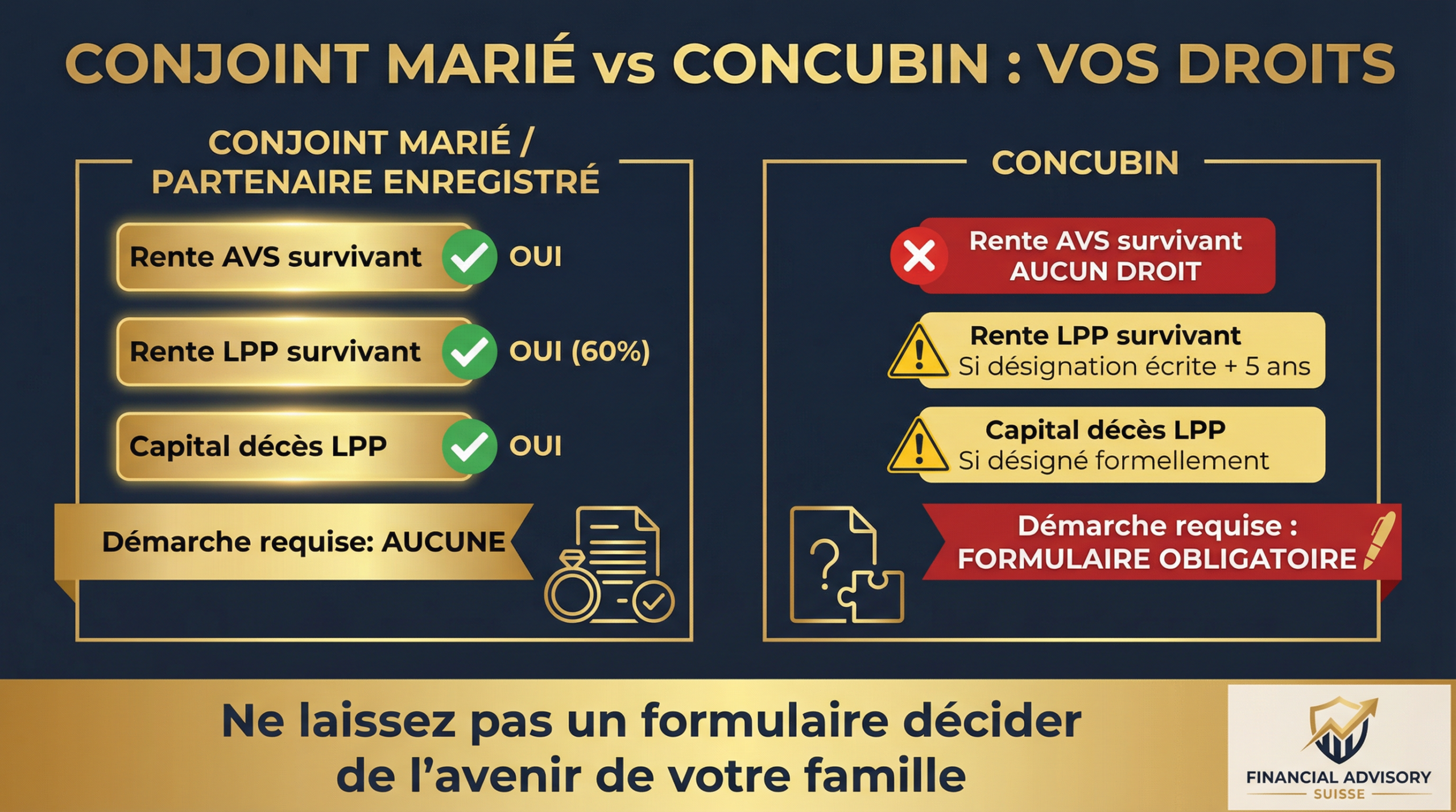 Infographie comparant les droits du conjoint marié vs concubin pour les rentes AVS et LPP