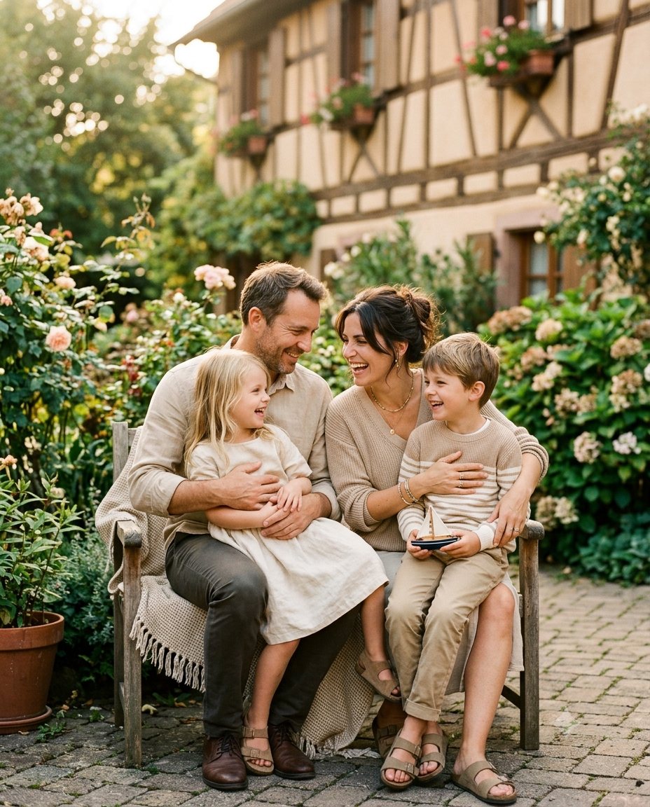 Famille de frontaliers heureuse devant leur maison alsacienne
