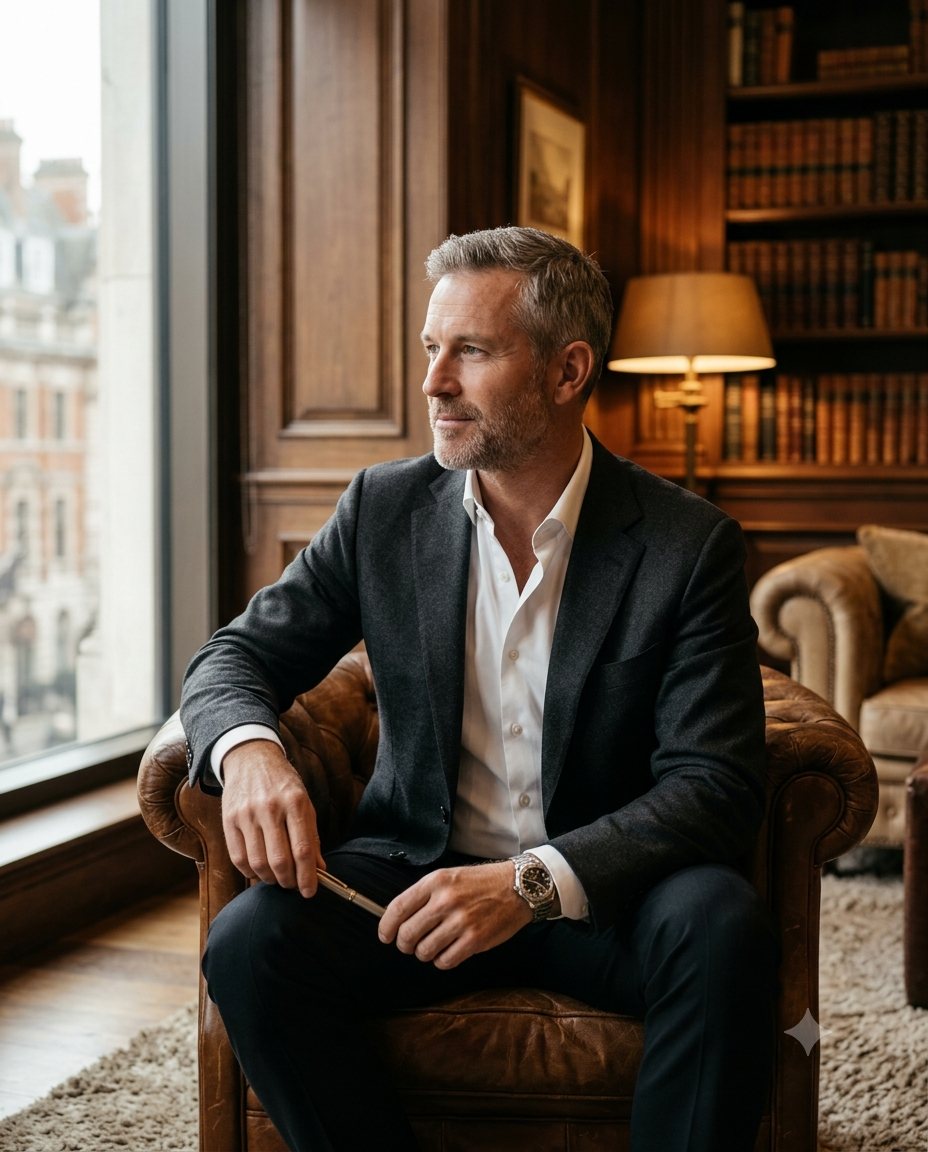 Investisseur frontalier dans un salon feutré haut de gamme