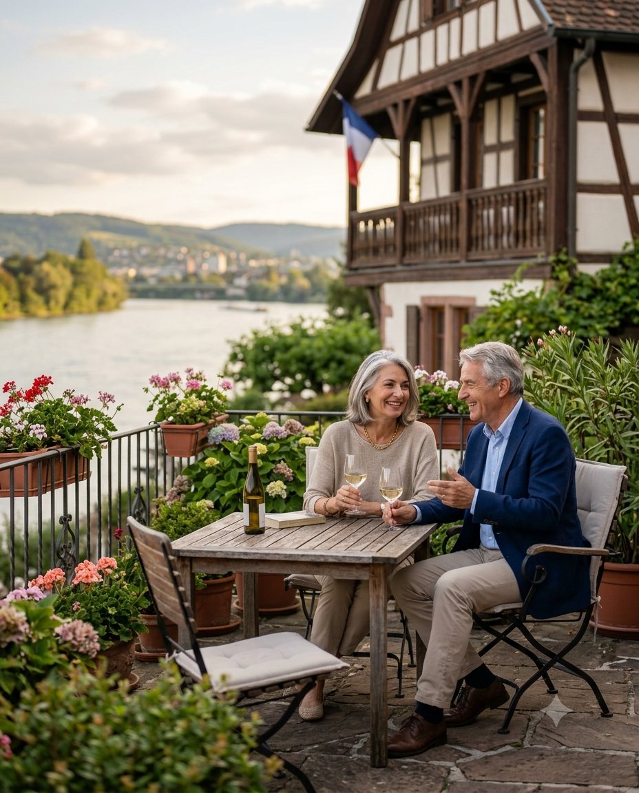 Couple de retraités frontaliers sur une terrasse au bord du Rhin
