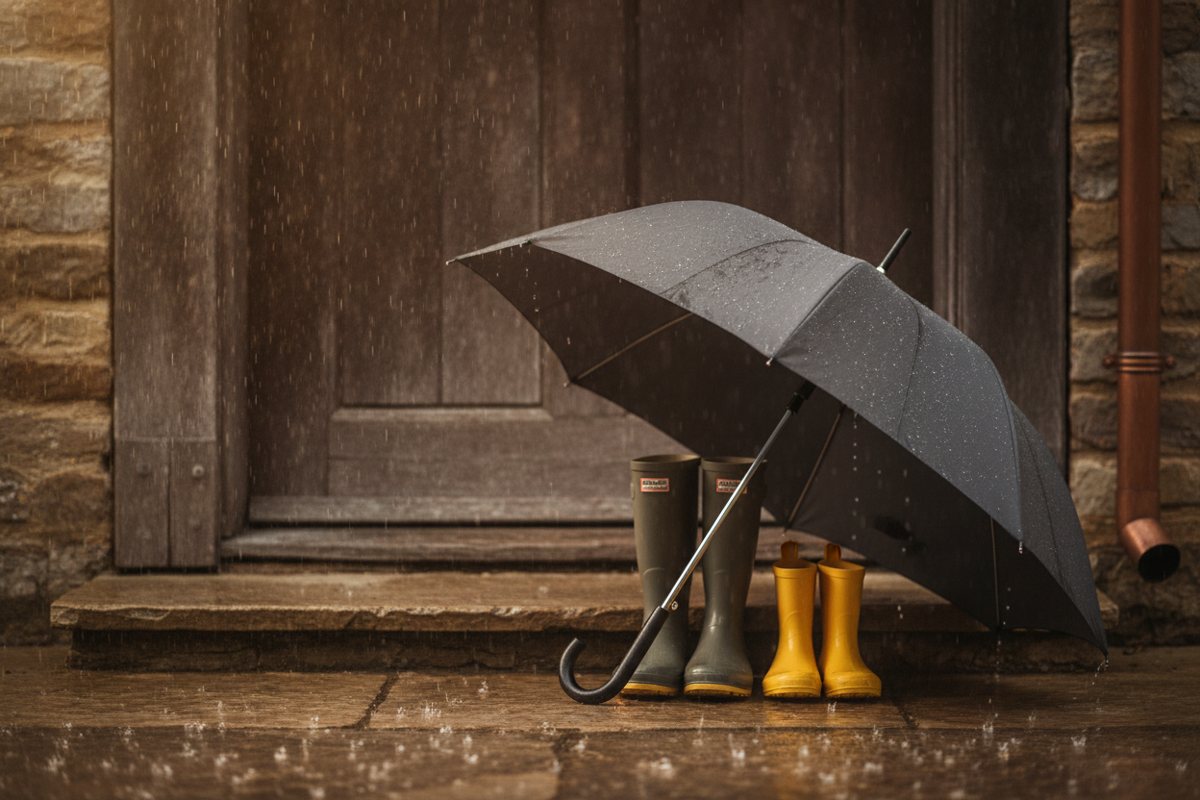 Parapluie abritant des bottes d'adulte et des bottes d'enfant sur le seuil, protection de la famille