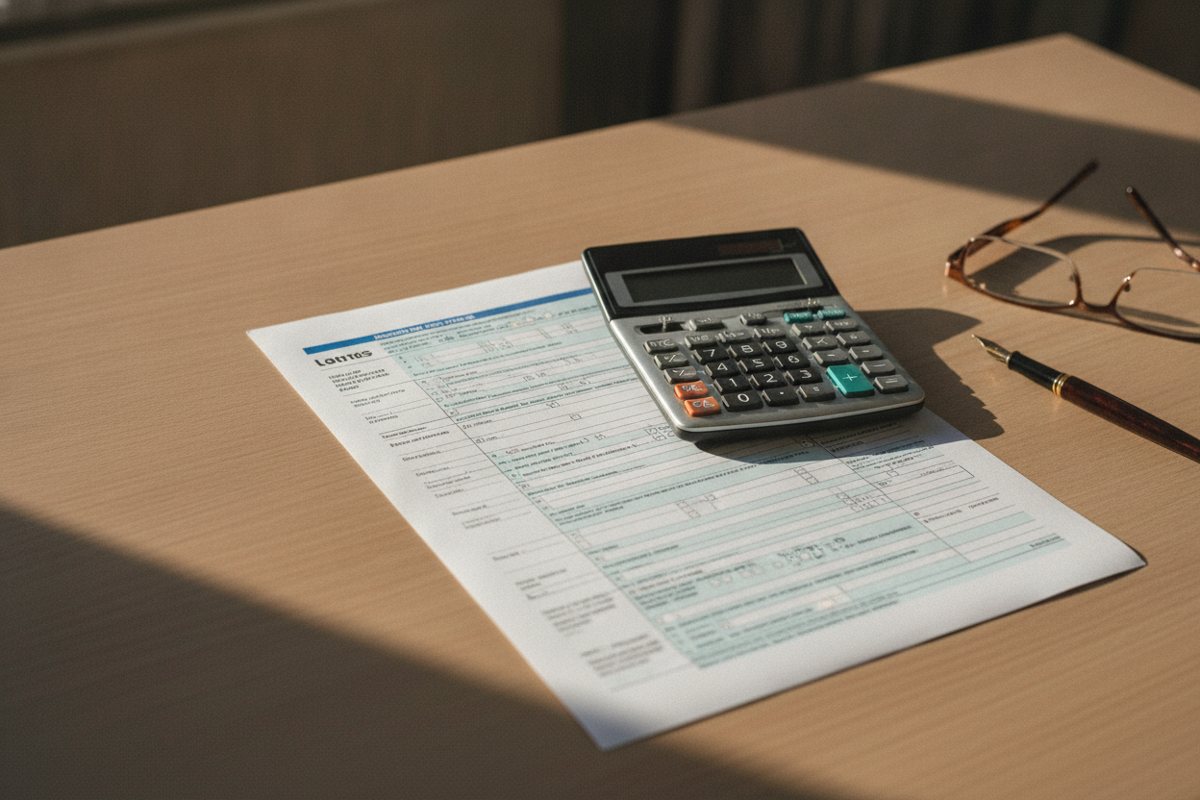 Déclaration de revenus, calculatrice et stylo sur un bureau, impôt du frontalier