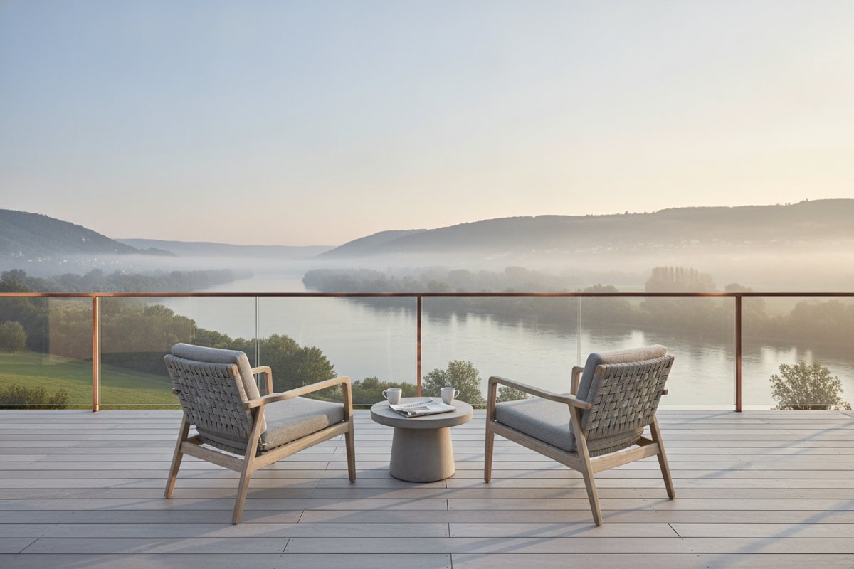 Terrasse face au Rhin, deux fauteuils, préparation de la retraite