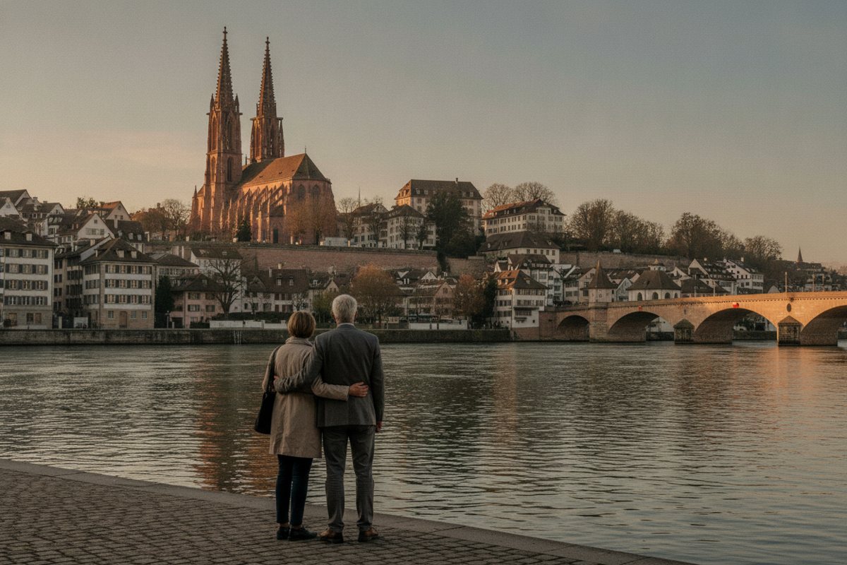 Couple de dos sur la rive du Rhin, face à la vieille ville de Bâle, préparation de la retraite