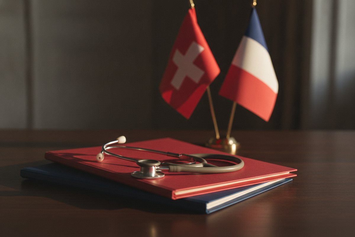 Stéthoscope sur deux dossiers, drapeaux suisse et français, assurance maladie du frontalier