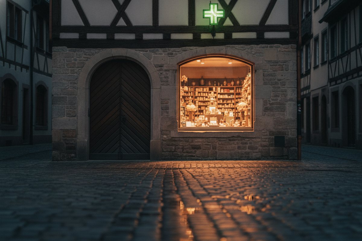 Pharmacie dans une rue alsacienne à la tombée du jour