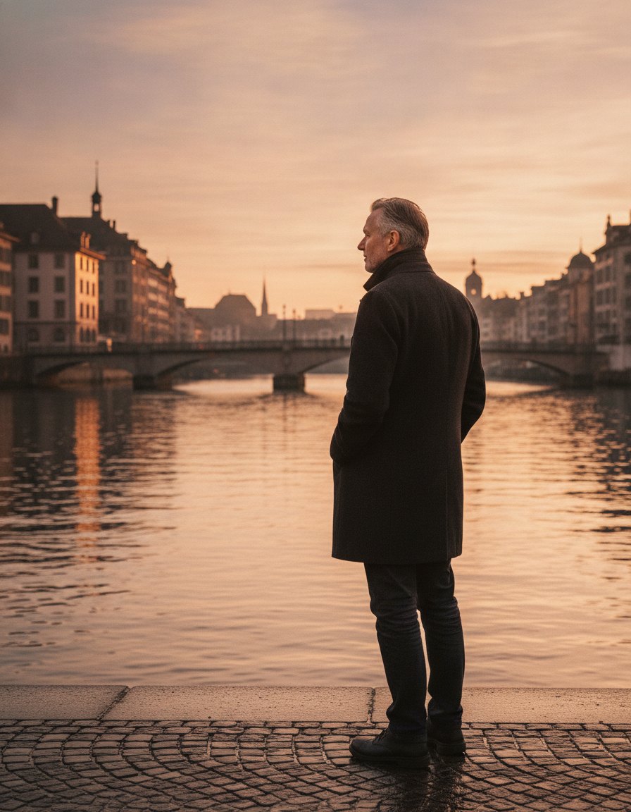 Homme seul au bord du Rhin à Bâle, au coucher du soleil