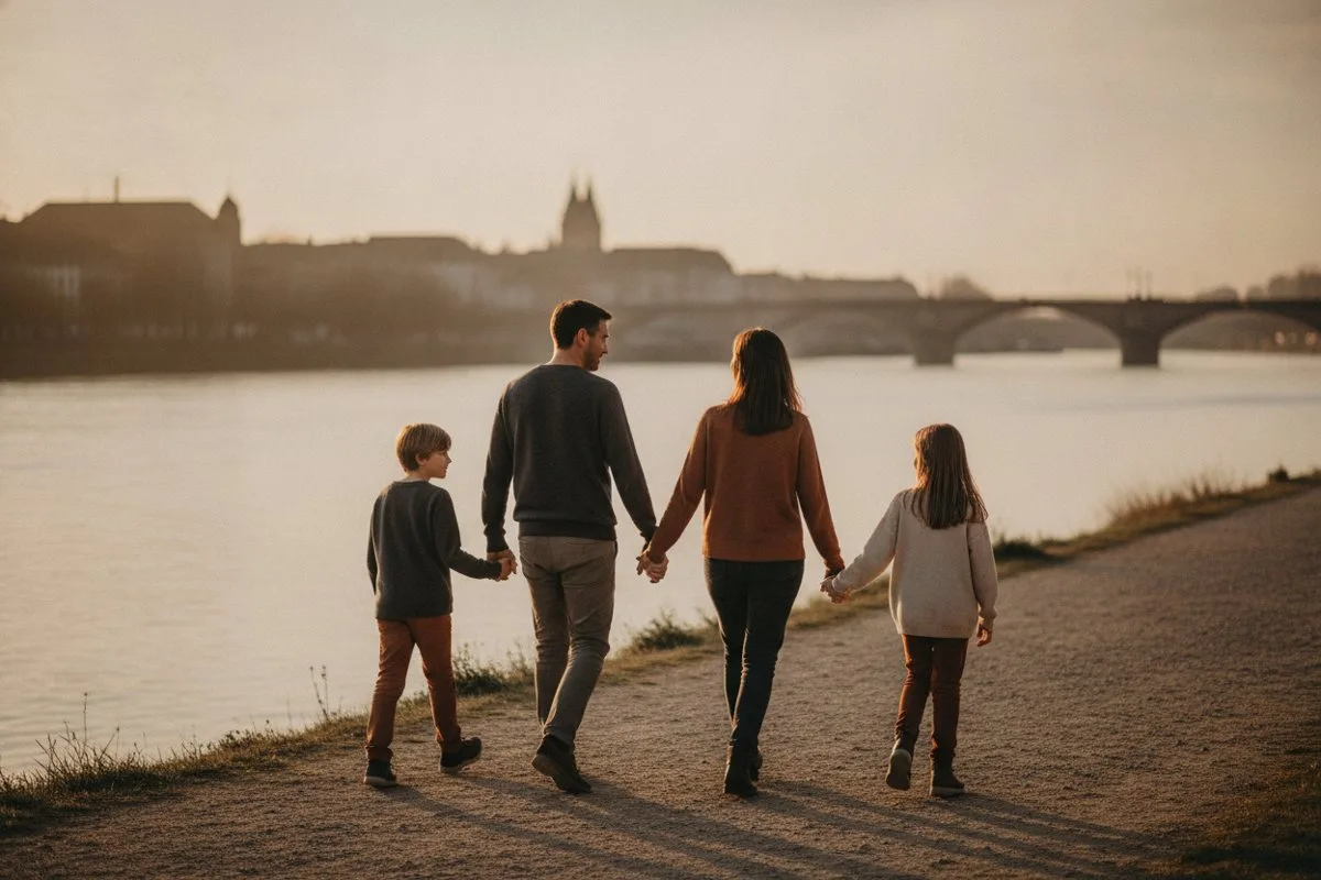 Famille de frontaliers en promenade au bord du Rhin, de dos, au coucher du soleil